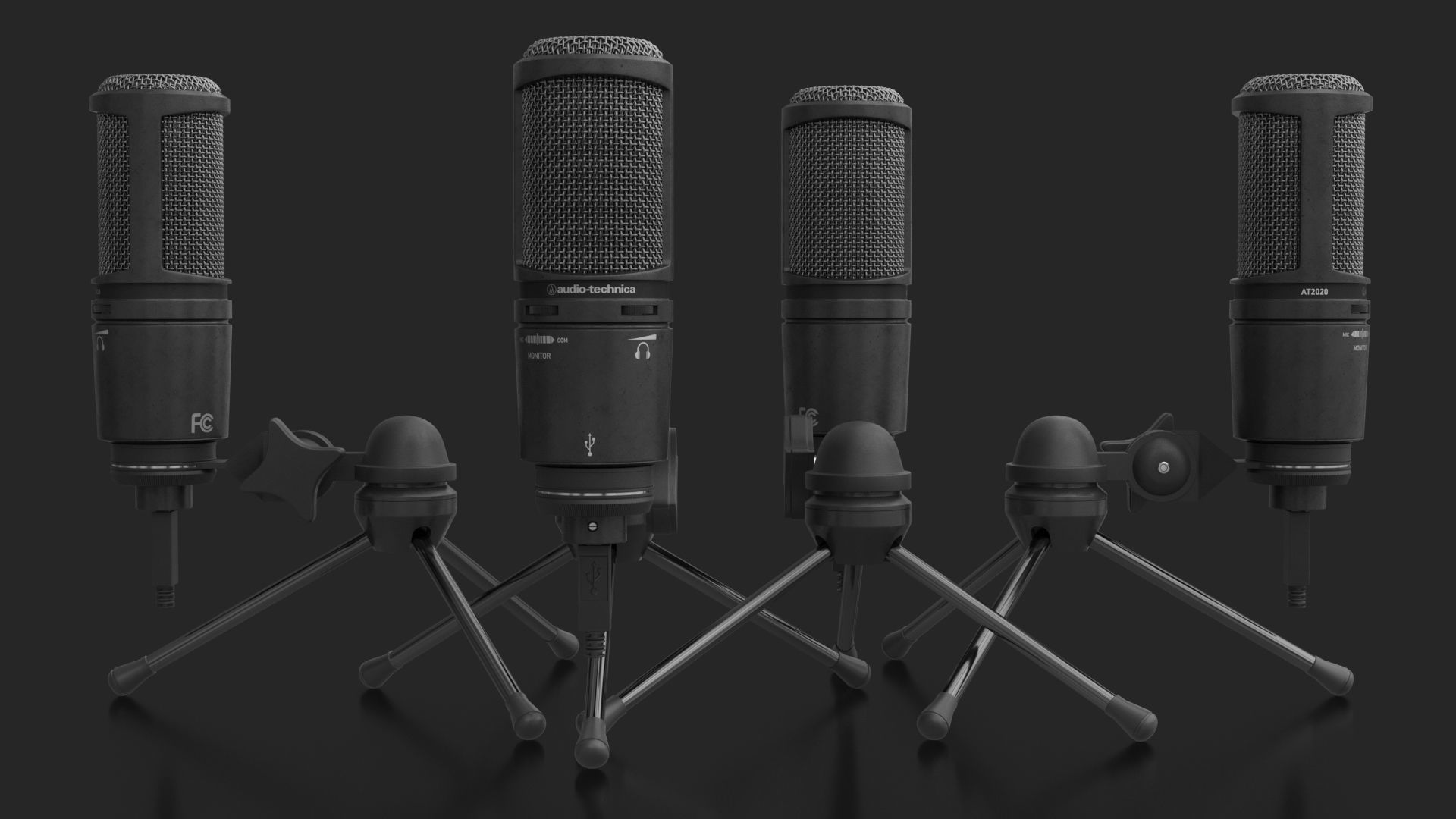 Audio-Technica AT2020 Microphone with USB port on tripod stand 3D model_2