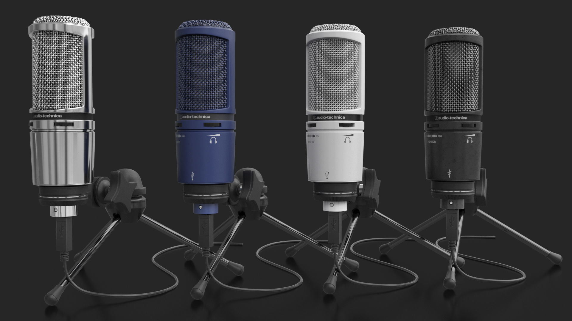 Audio-Technica AT2020 Microphone with USB port on tripod stand 3D model_1