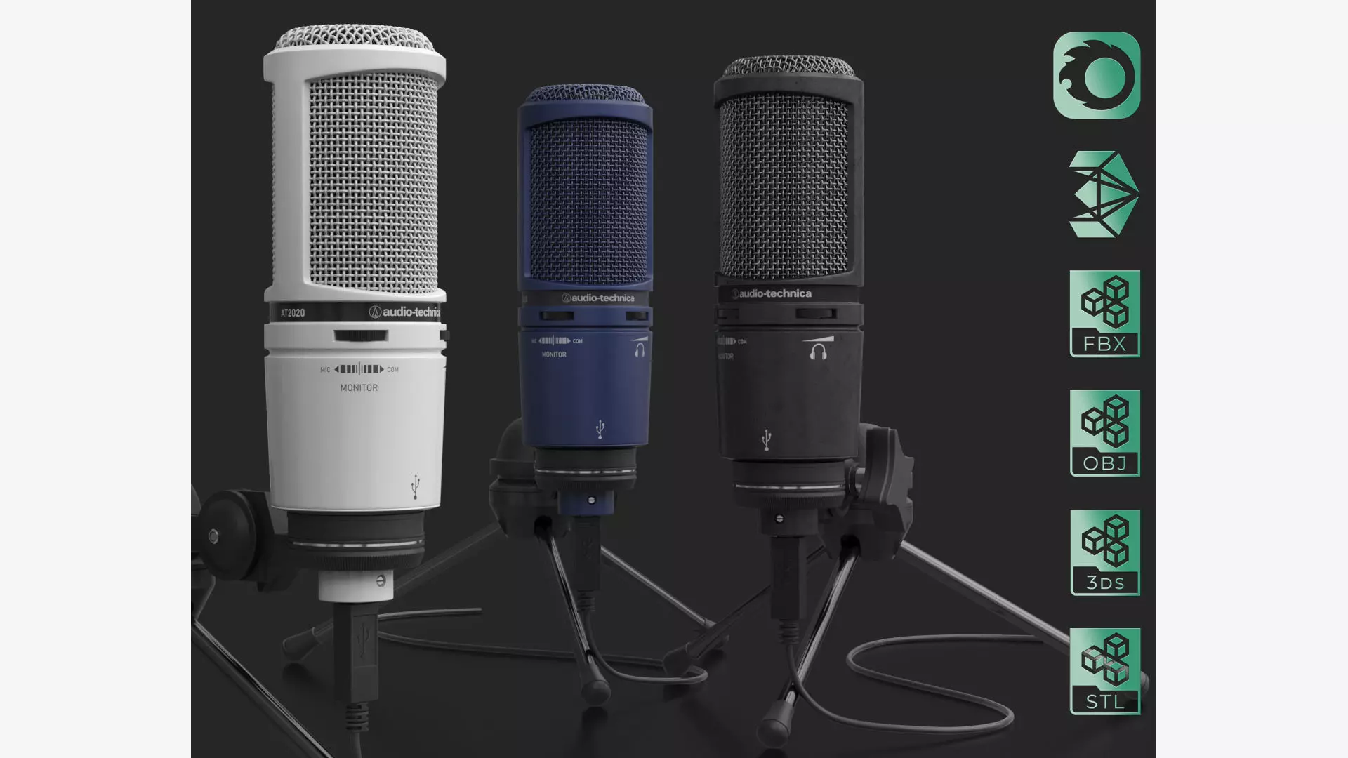 Audio-Technica AT2020 Microphone with USB port on tripod stand 3D model_0