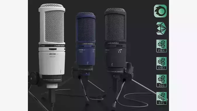 Audio-Technica AT2020 Microphone with USB port on tripod stand 3D model