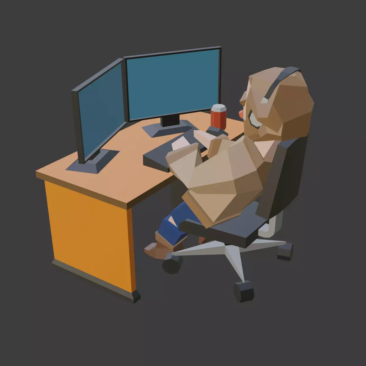 Harry man at desk with two monitors Low-poly 3D model