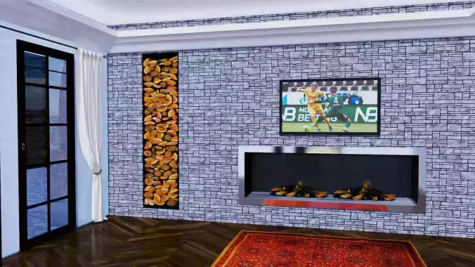 Fireplace with Stone Wall 