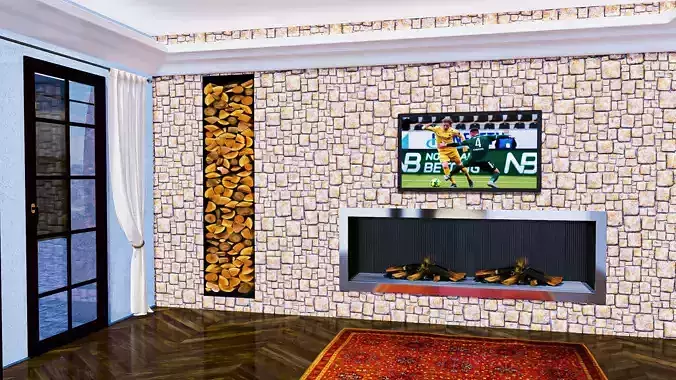 Fireplace with Wall in Yellow Stones