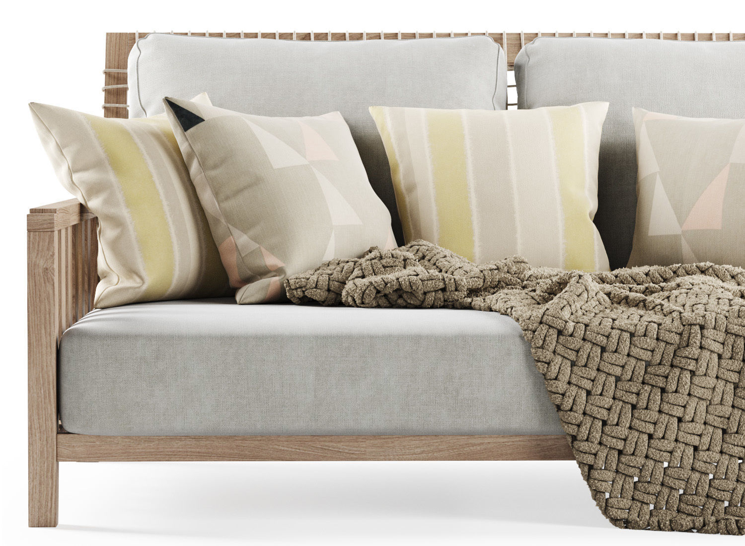 Double wooden garden sofa with plaid 3D model_2