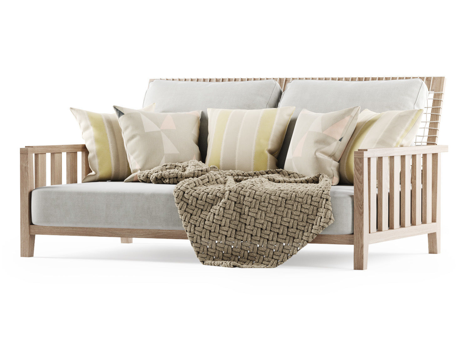 Double wooden garden sofa with plaid 3D model_1