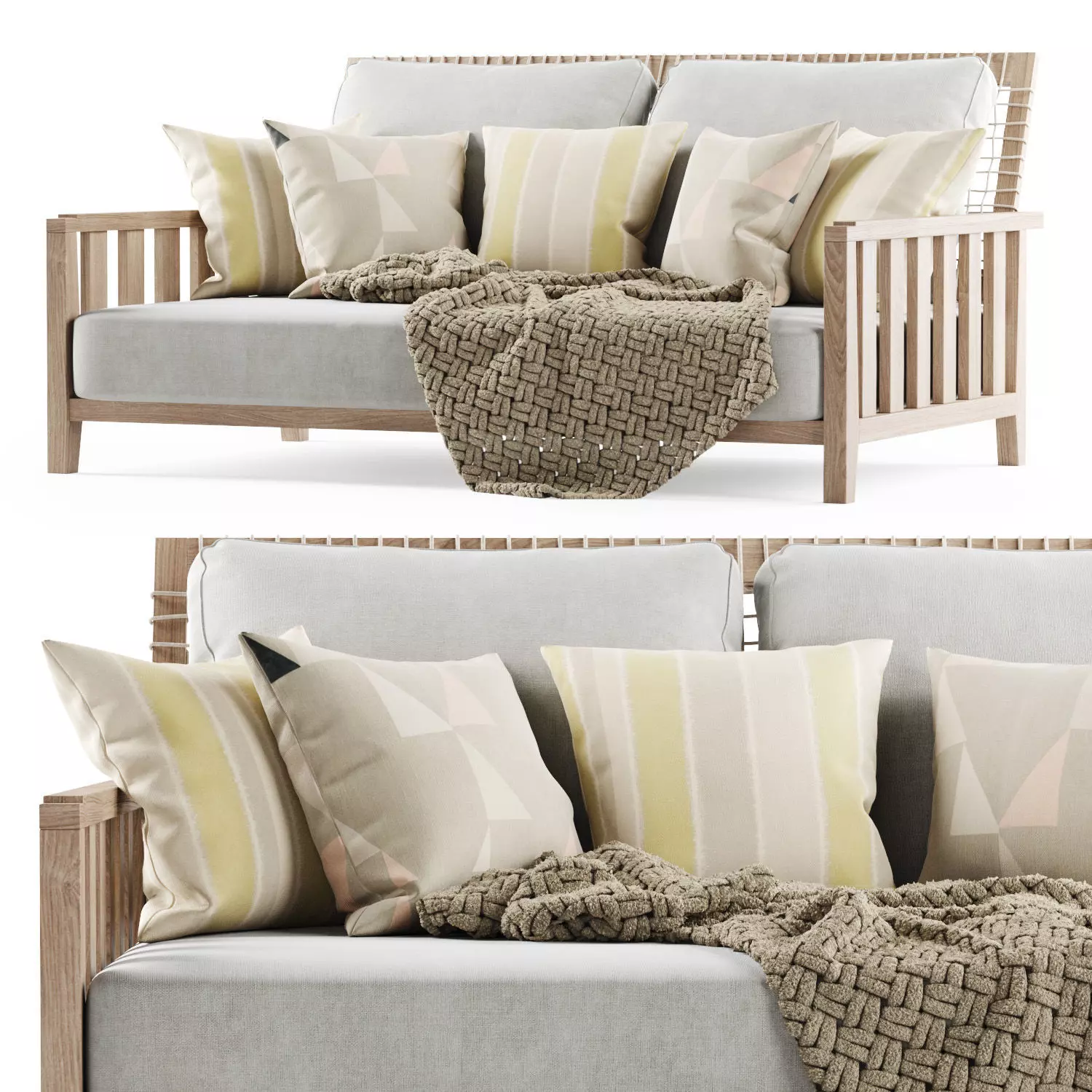 Double wooden garden sofa with plaid 3D model_0