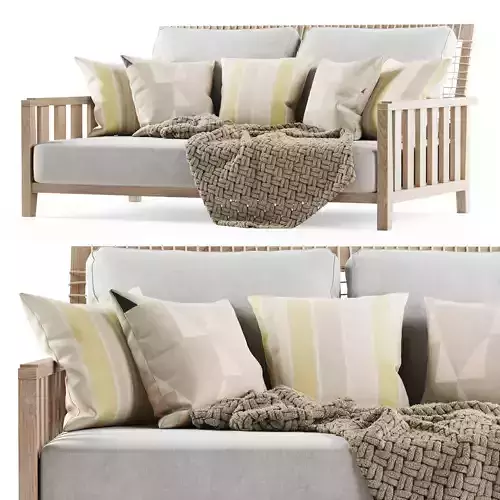 Double wooden garden sofa with plaid 3D model
