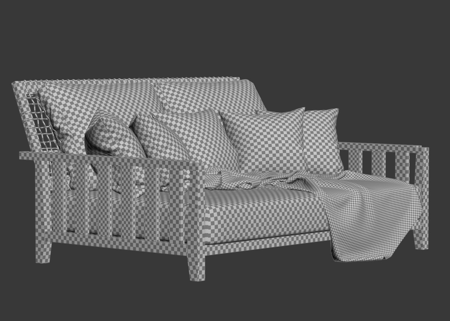 Double wooden garden sofa with plaid 3D model_8