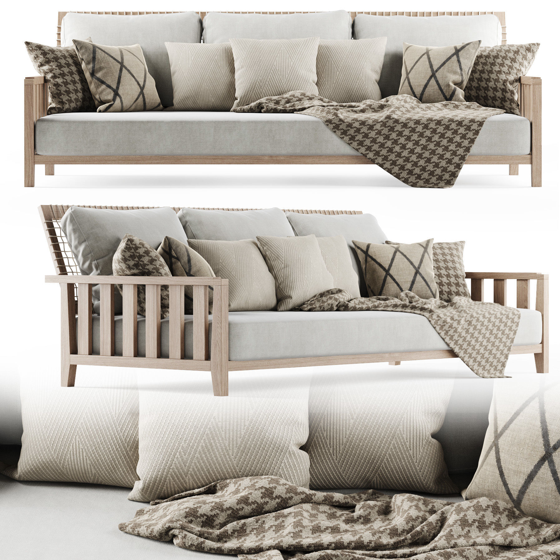 Three-seater garden sofa with plaid 3D model_1