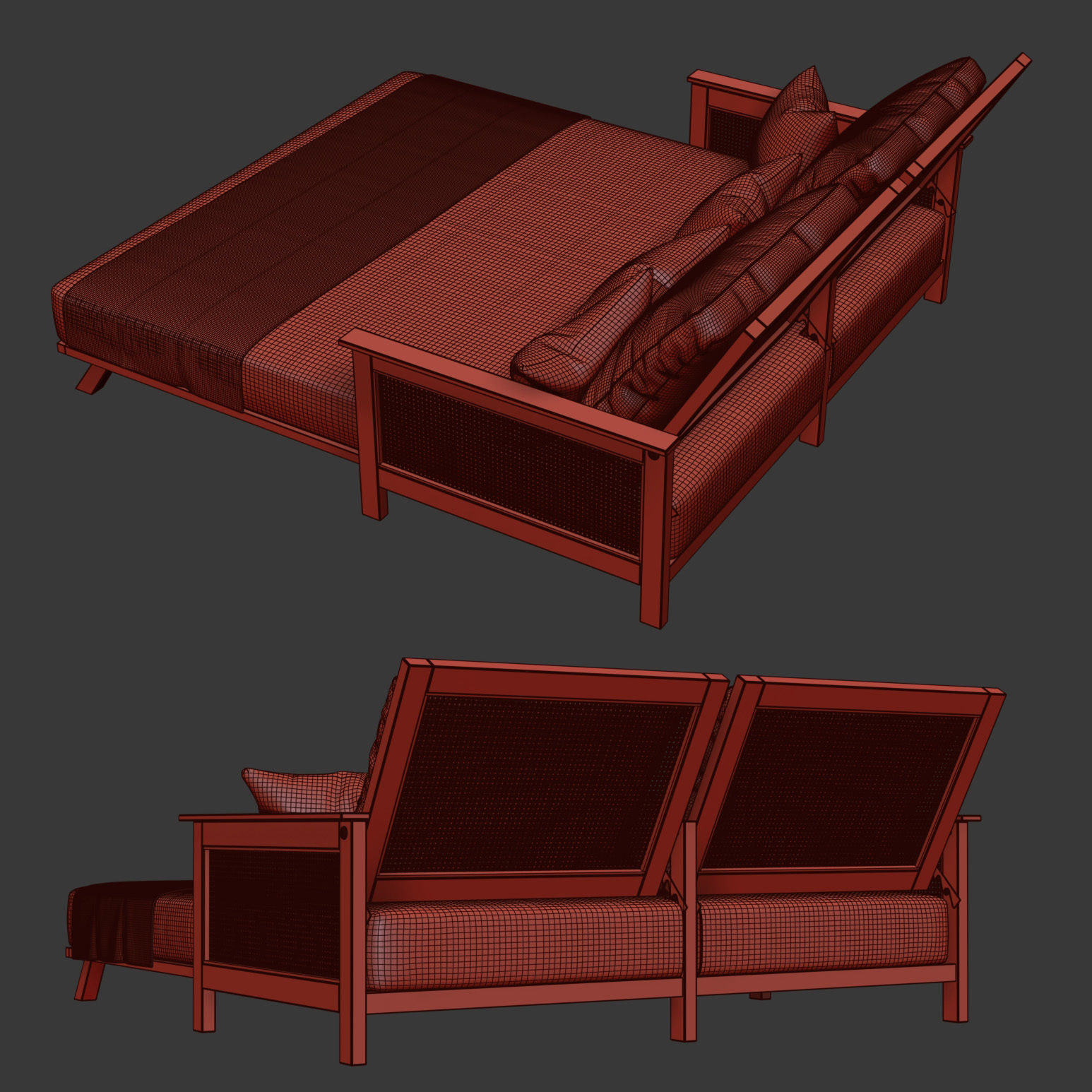 Wooden double daybed  3D model_8