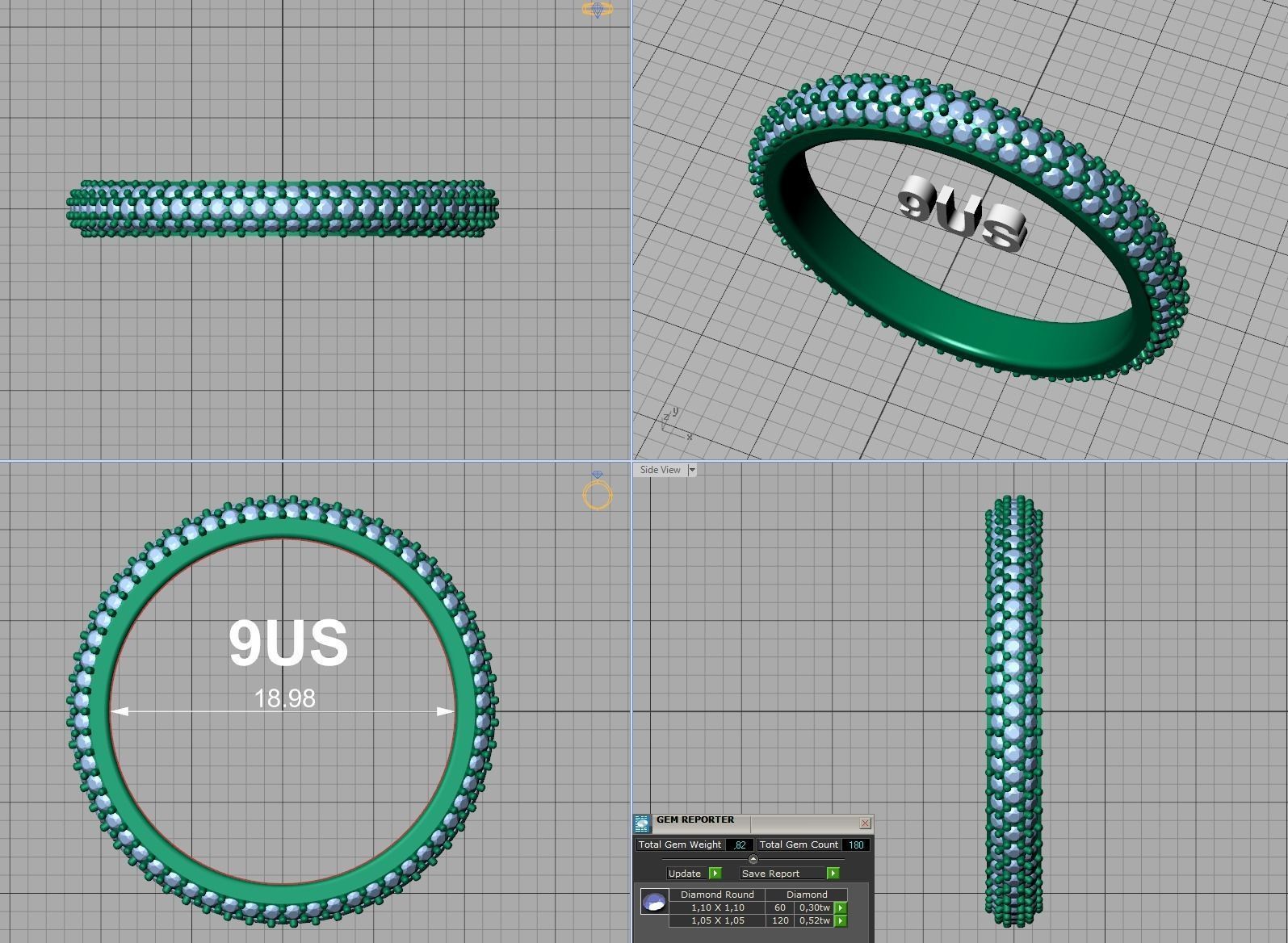 3 ROW DIAMOND WEDDING BAND 3dmodel THICK version 3D print model_15