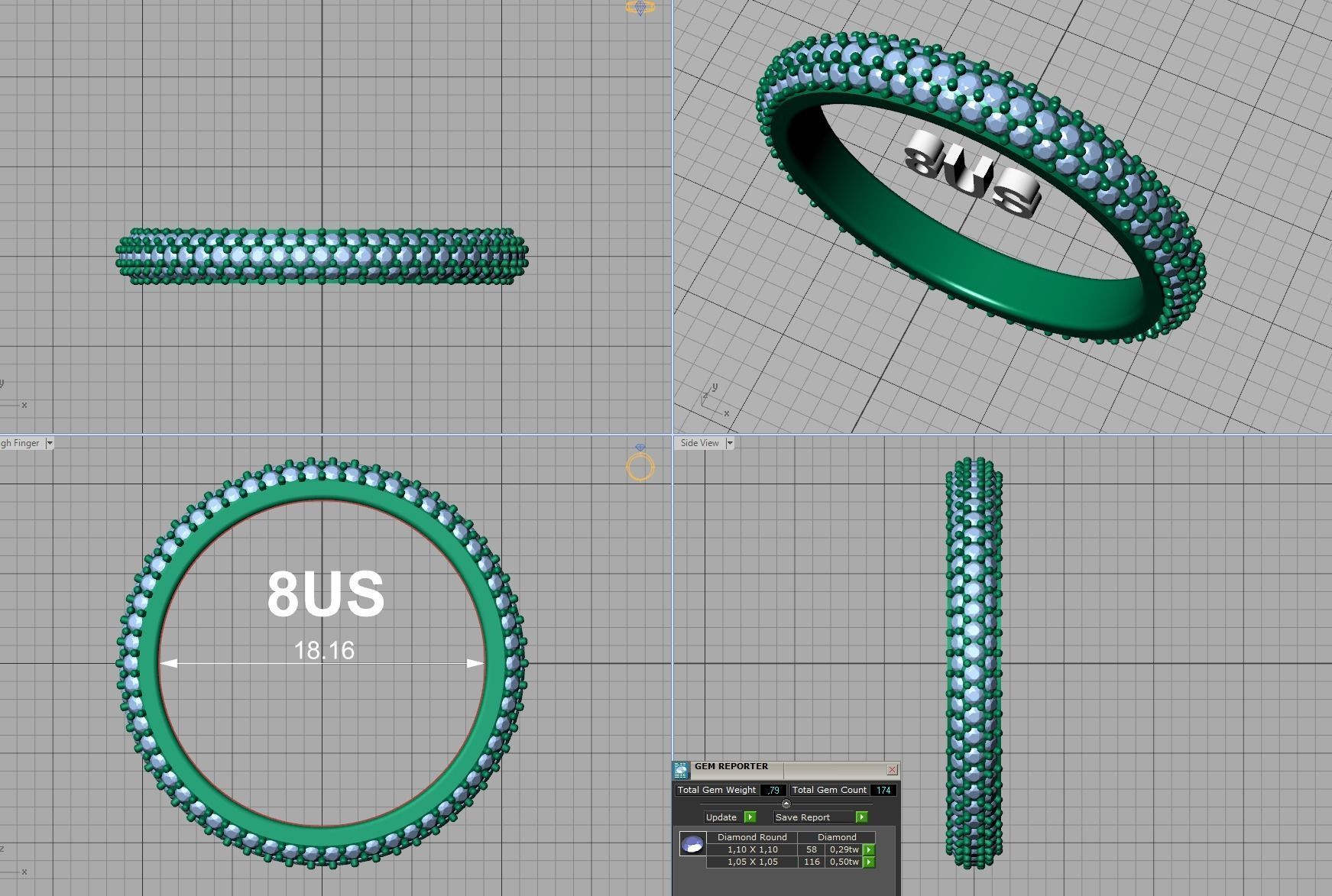 3 ROW DIAMOND WEDDING BAND 3dmodel THICK version 3D print model_13