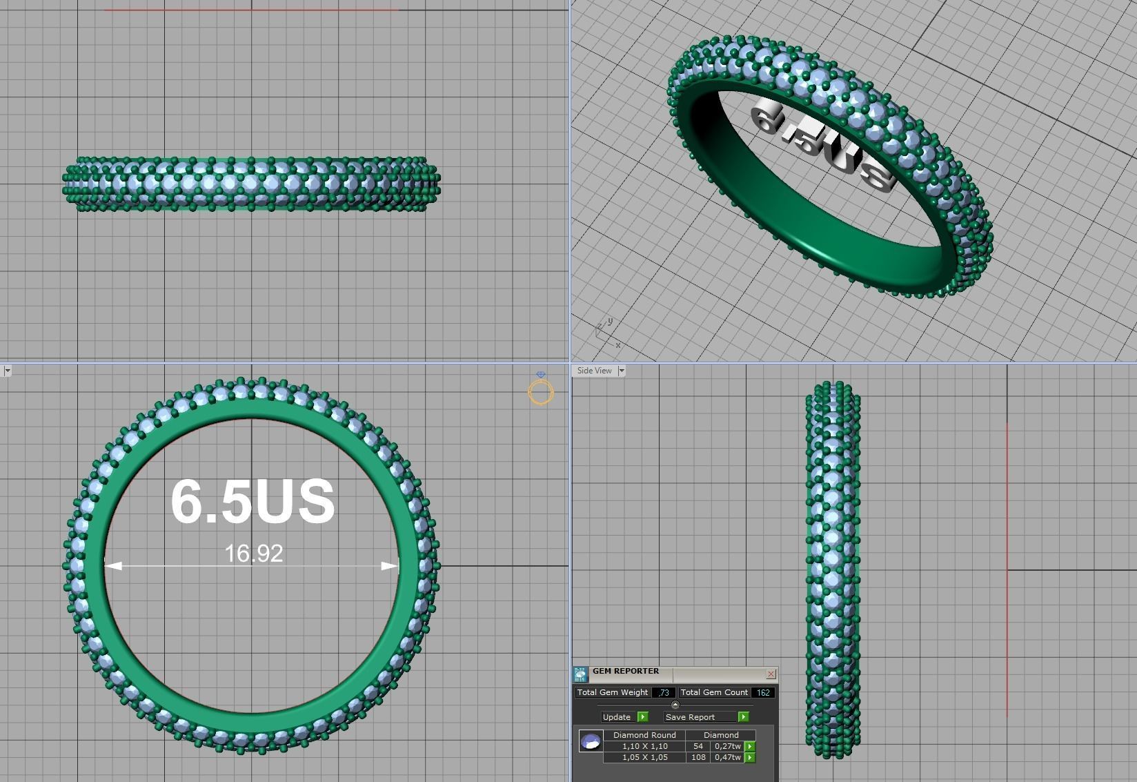 3 ROW DIAMOND WEDDING BAND 3dmodel THICK version 3D print model_10