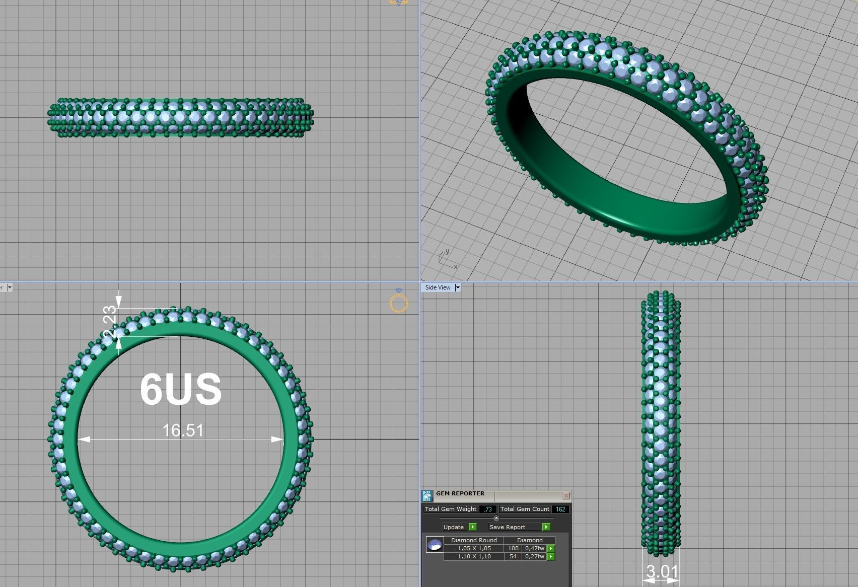 3 ROW DIAMOND WEDDING BAND 3dmodel THICK version 3D print model_9