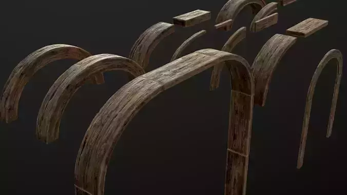Wooden Arch and Windows Parts Planks 13 pieces and four assets Low-poly 3D model