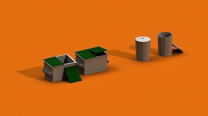 Post Apocalyptic Garbage Bin and Can Low-poly 3D model