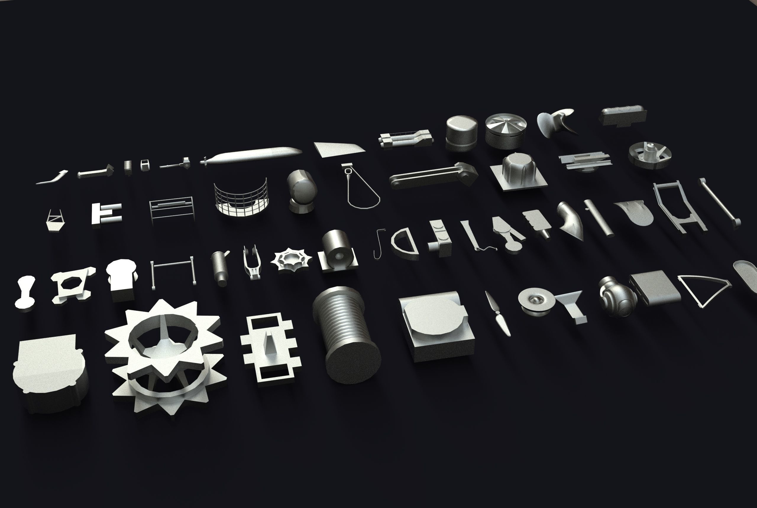 Kitbash metal tools arranged Low-poly 3D model_4