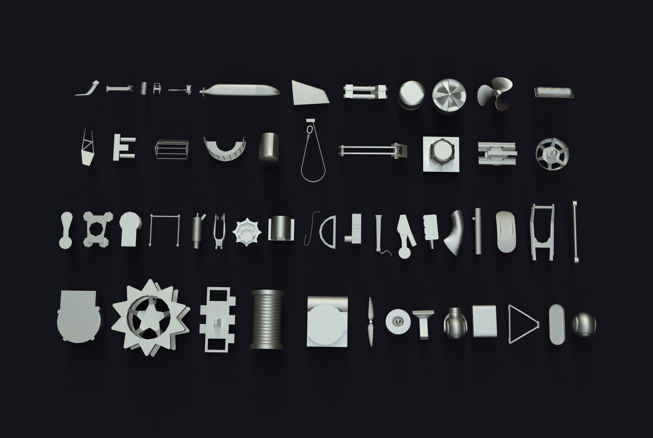 Kitbash metal tools arranged Low-poly 3D model_1