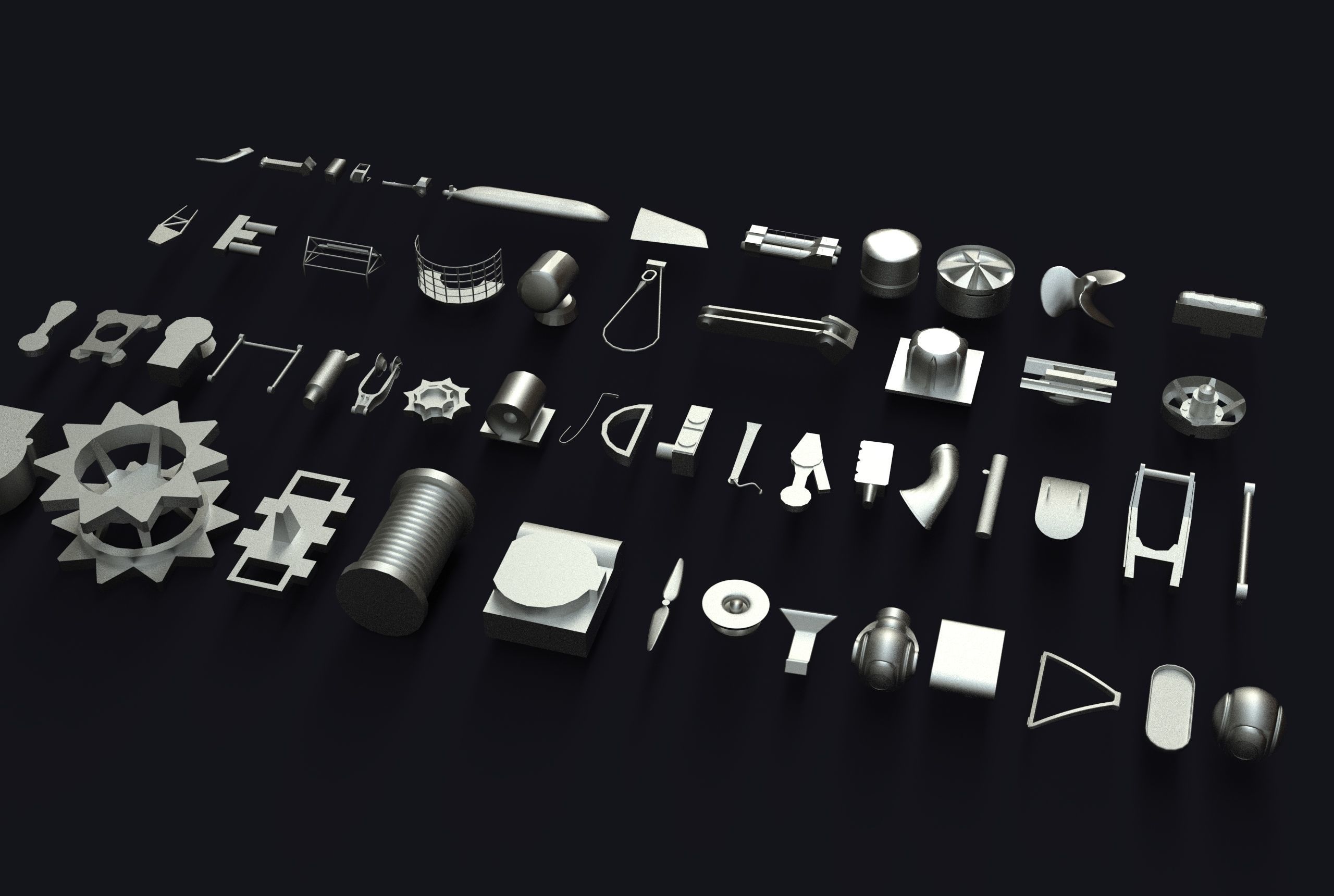 Kitbash metal tools arranged Low-poly 3D model_3