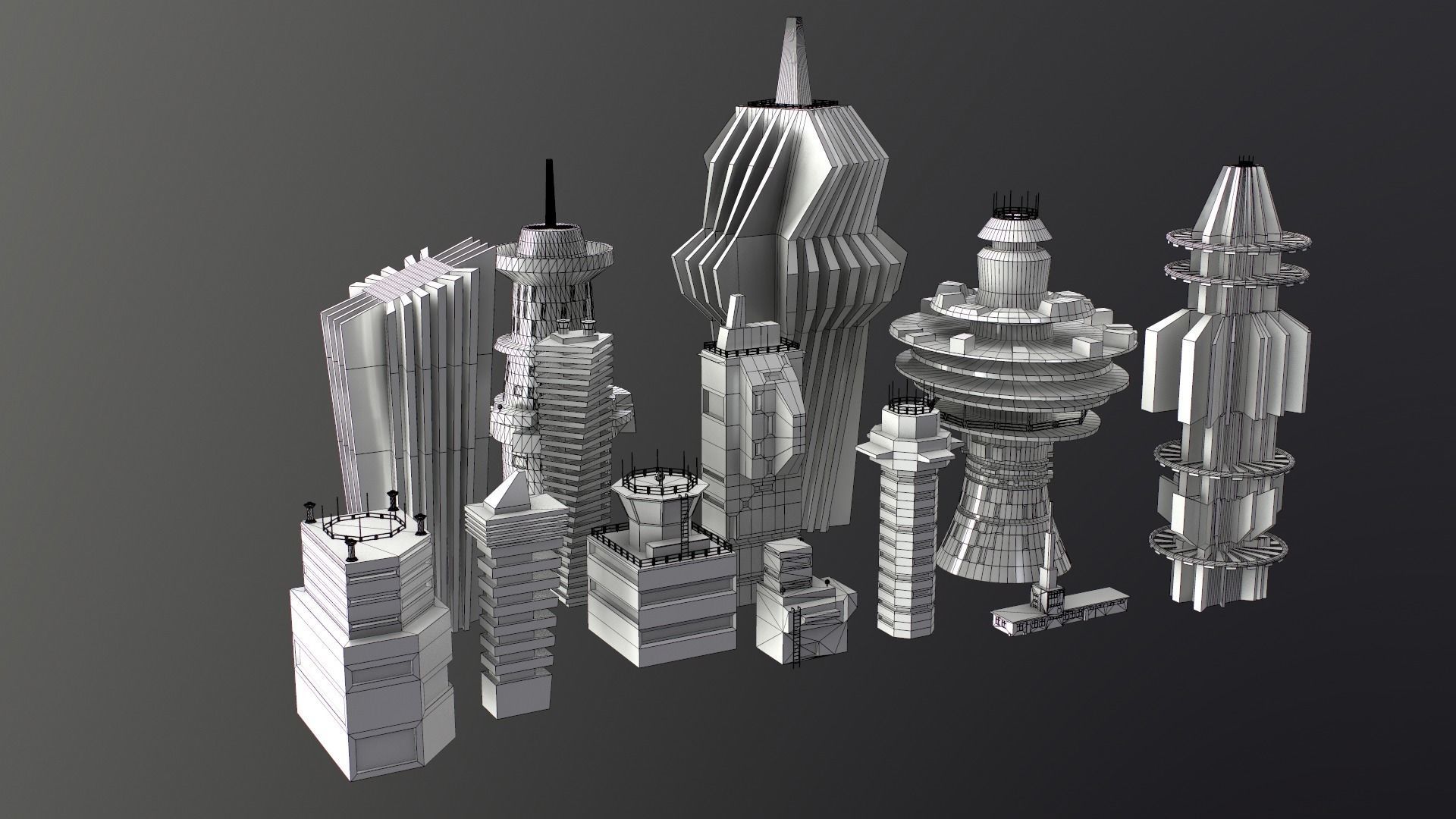 Sci-Fi Kitbash Low-poly 13 buildings Low-poly 3D model_10