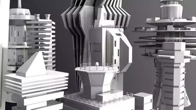 Sci-Fi Kitbash Low-poly 13 buildings Low-poly 3D model