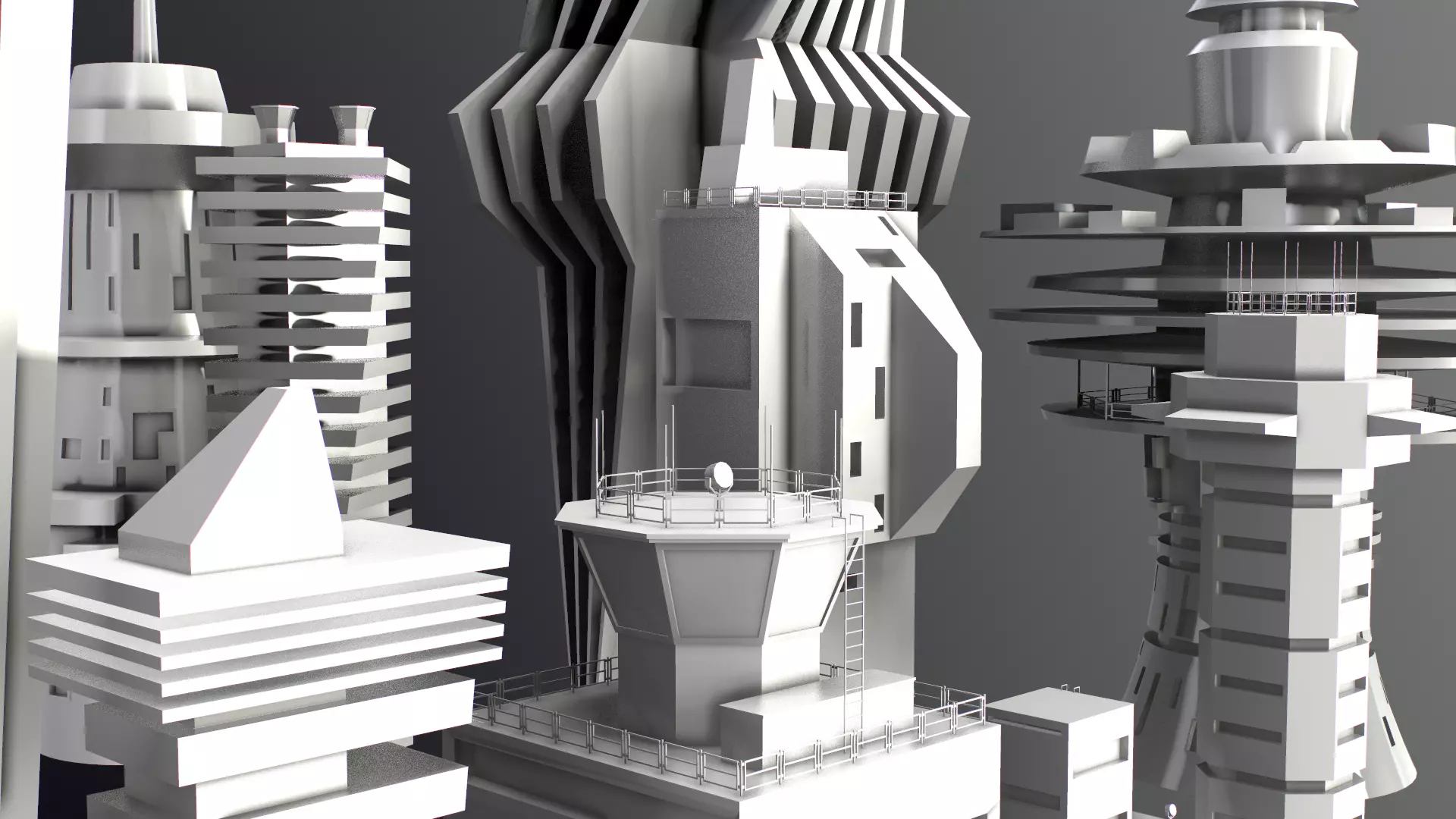 Sci-Fi Kitbash Low-poly 13 buildings Low-poly 3D model_0