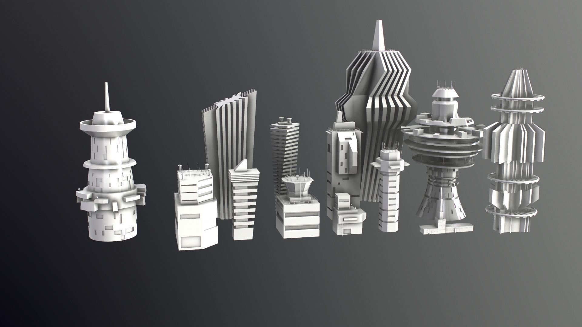 Sci-Fi Kitbash Low-poly 13 buildings Low-poly 3D model_36