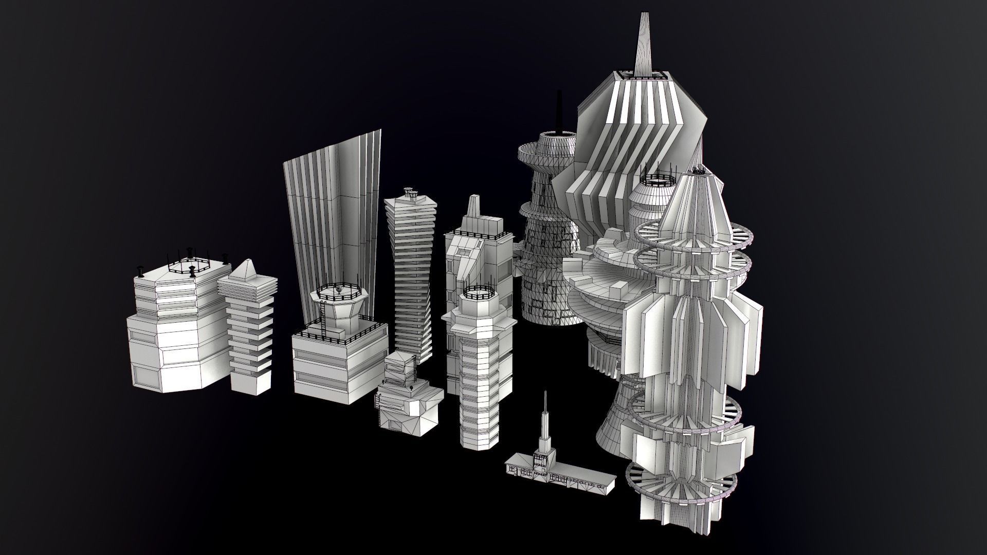 Sci-Fi Kitbash Low-poly 13 buildings Low-poly 3D model_8