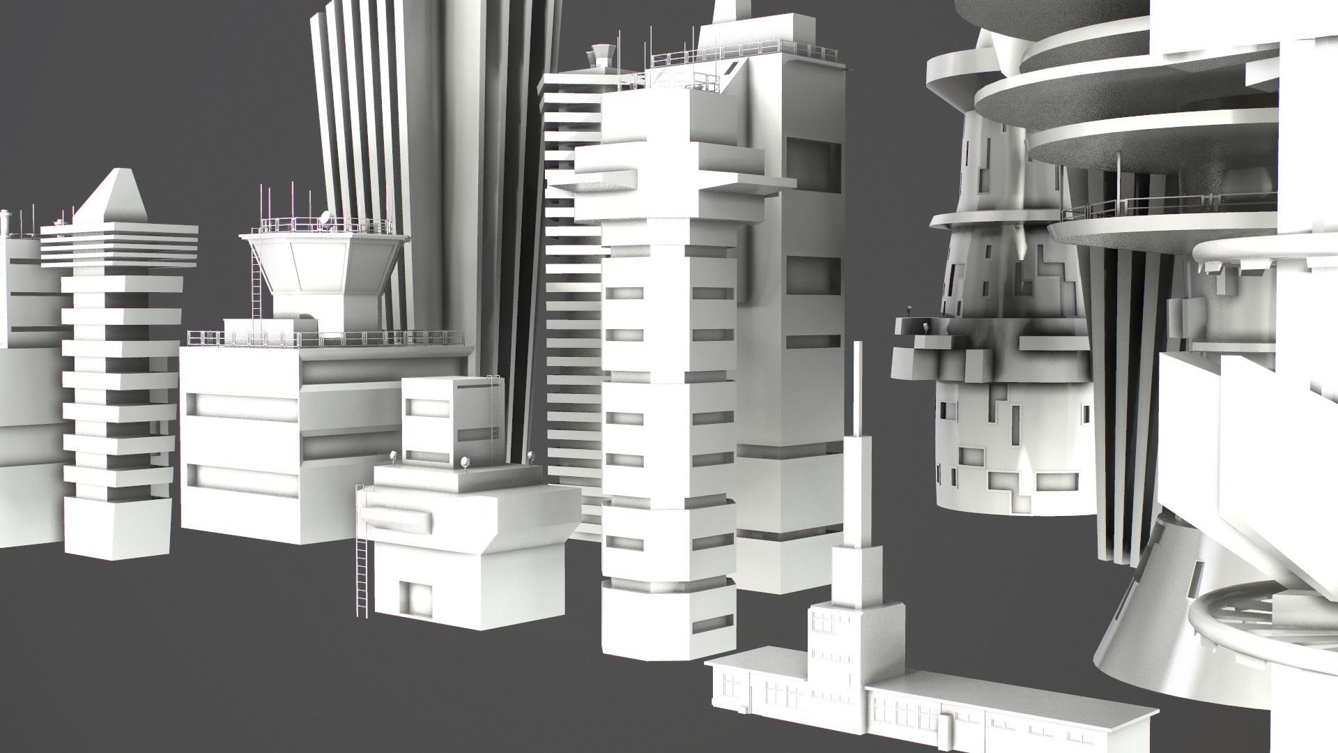 Sci-Fi Kitbash Low-poly 13 buildings Low-poly 3D model_3