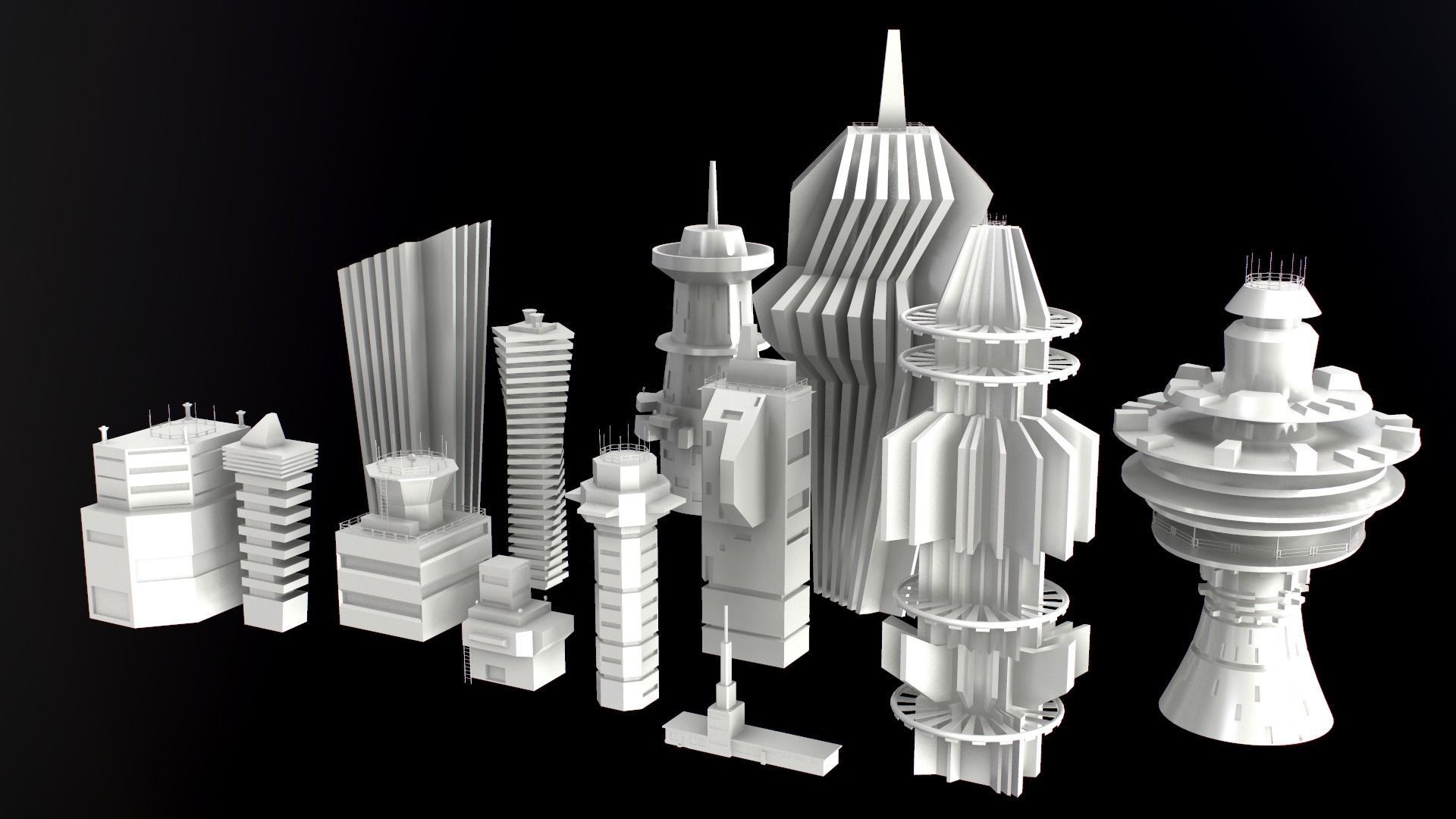Sci-Fi Kitbash Low-poly 13 buildings Low-poly 3D model_4