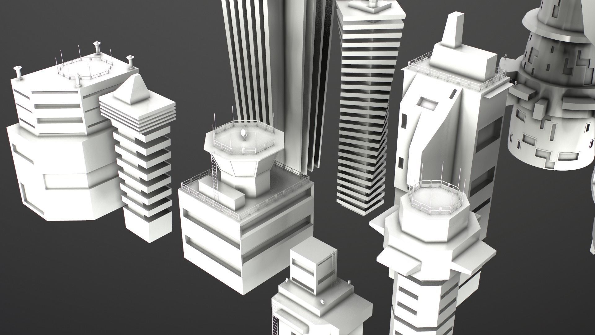 Sci-Fi Kitbash Low-poly 13 buildings Low-poly 3D model_12