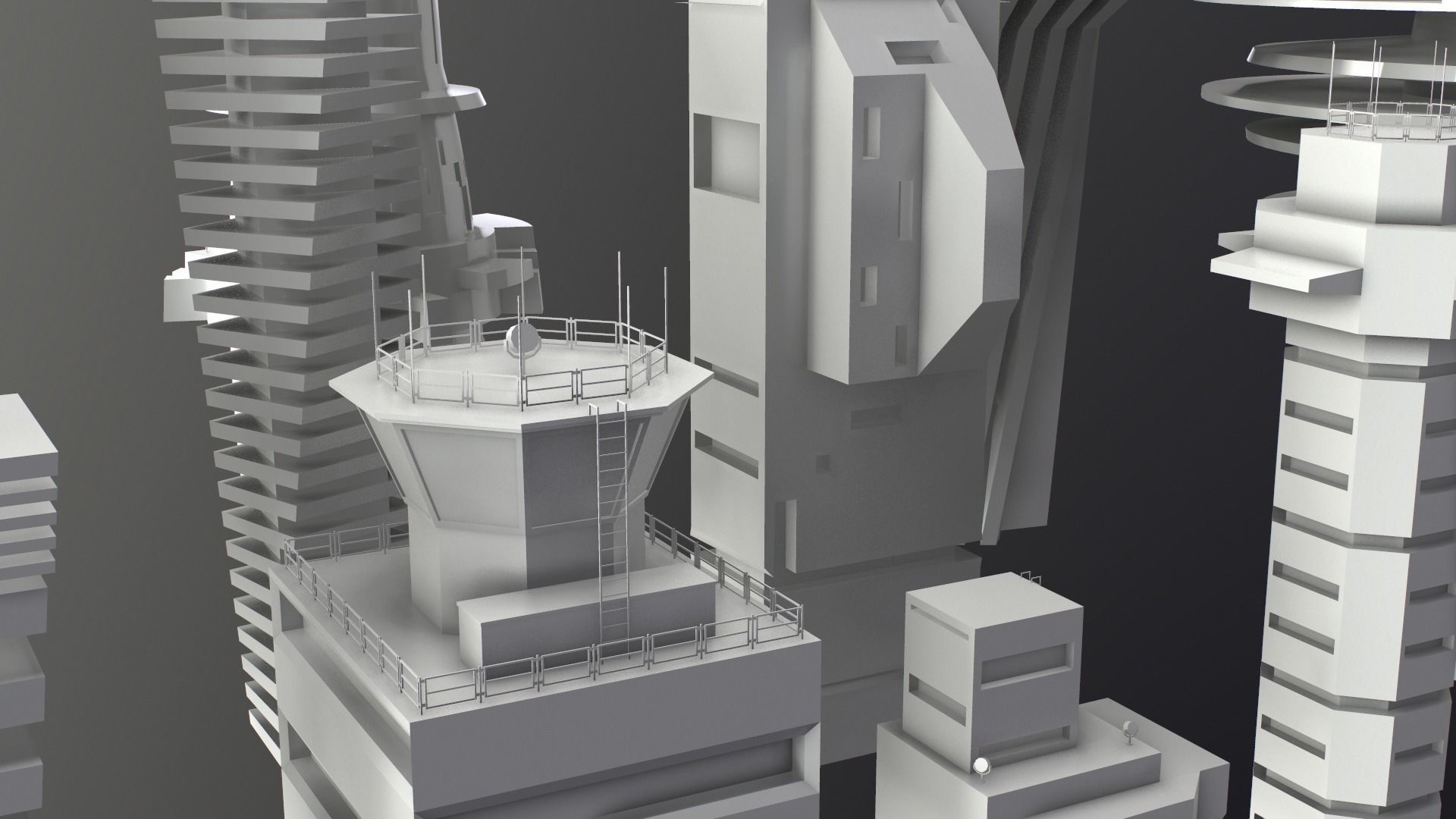 Sci-Fi Kitbash Low-poly 13 buildings Low-poly 3D model_1