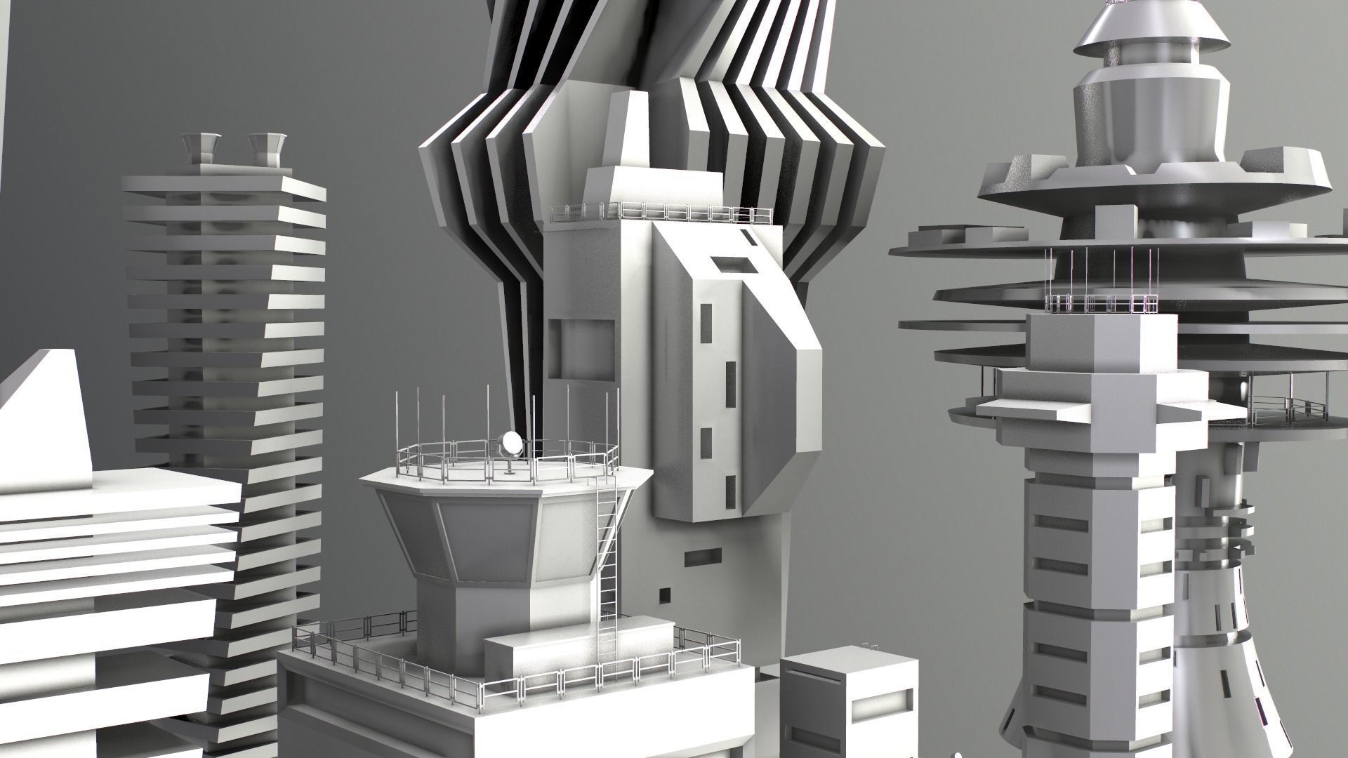 Sci-Fi Kitbash Low-poly 13 buildings Low-poly 3D model_5