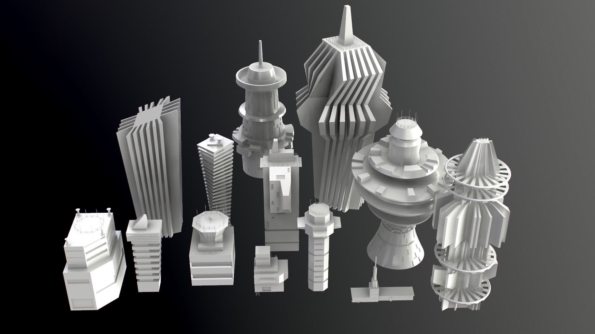 Sci-Fi Kitbash Low-poly 13 buildings Low-poly 3D model_2