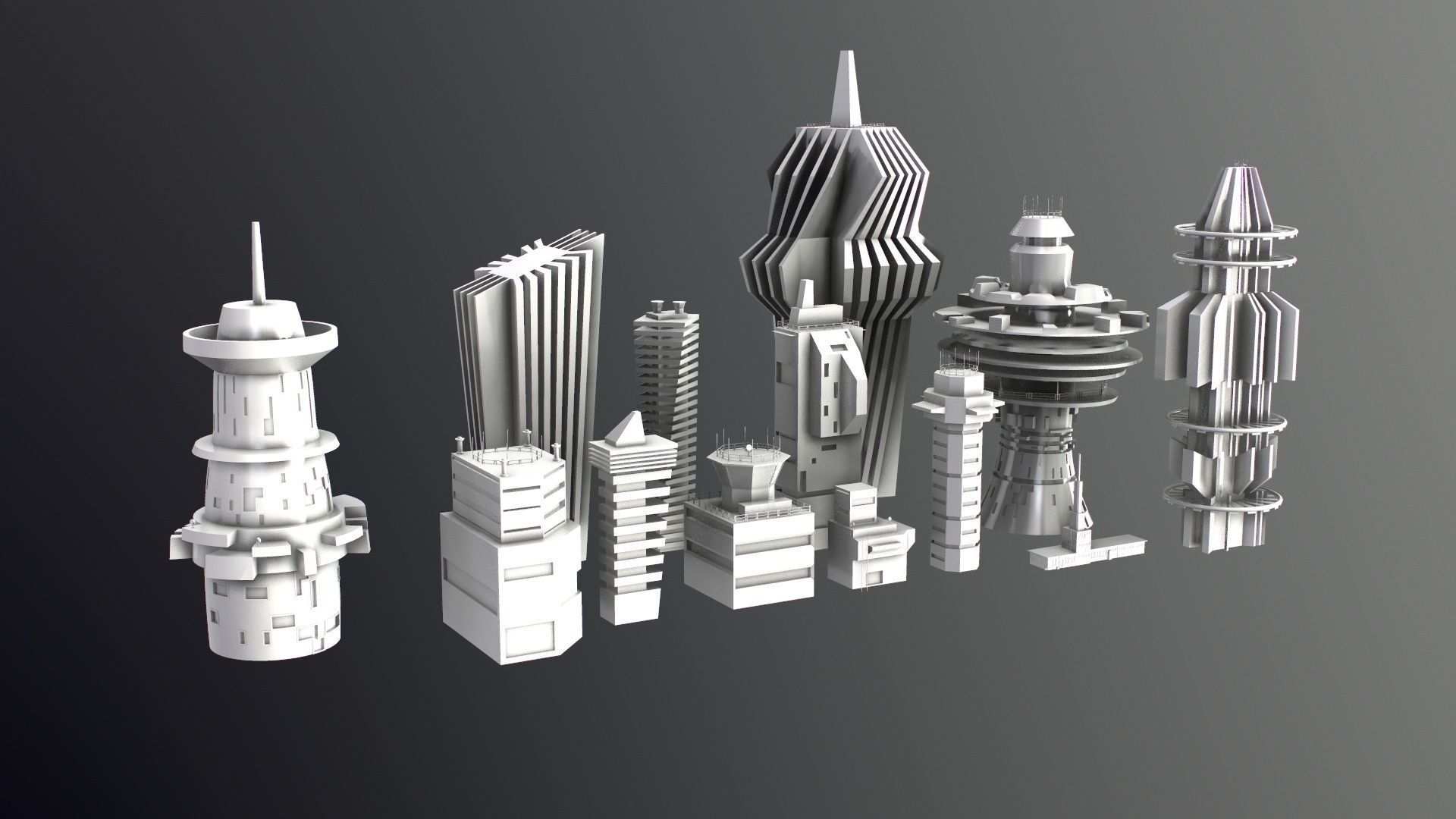 Sci-Fi Kitbash Low-poly 13 buildings Low-poly 3D model_30