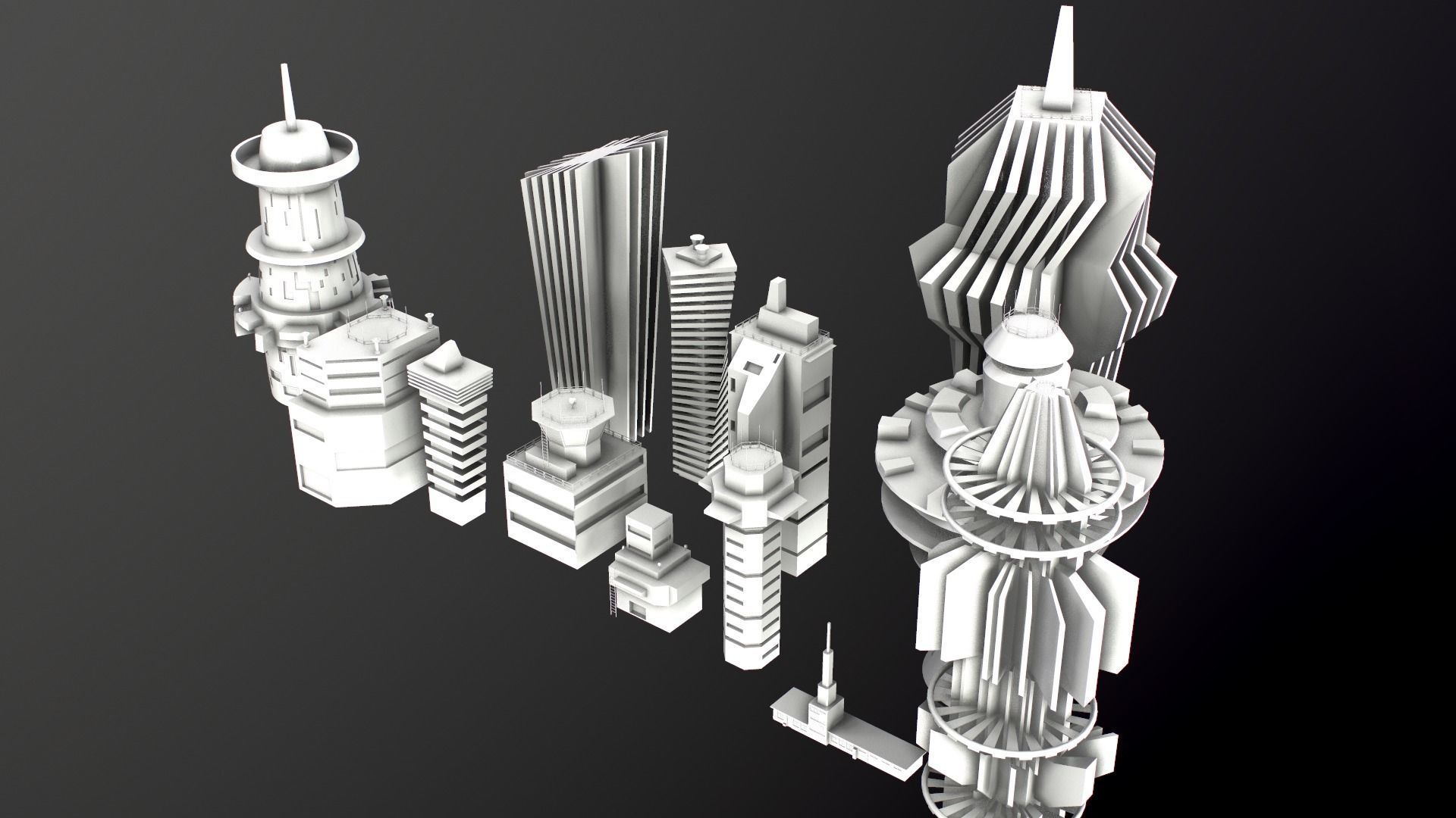 Sci-Fi Kitbash Low-poly 13 buildings Low-poly 3D model_15