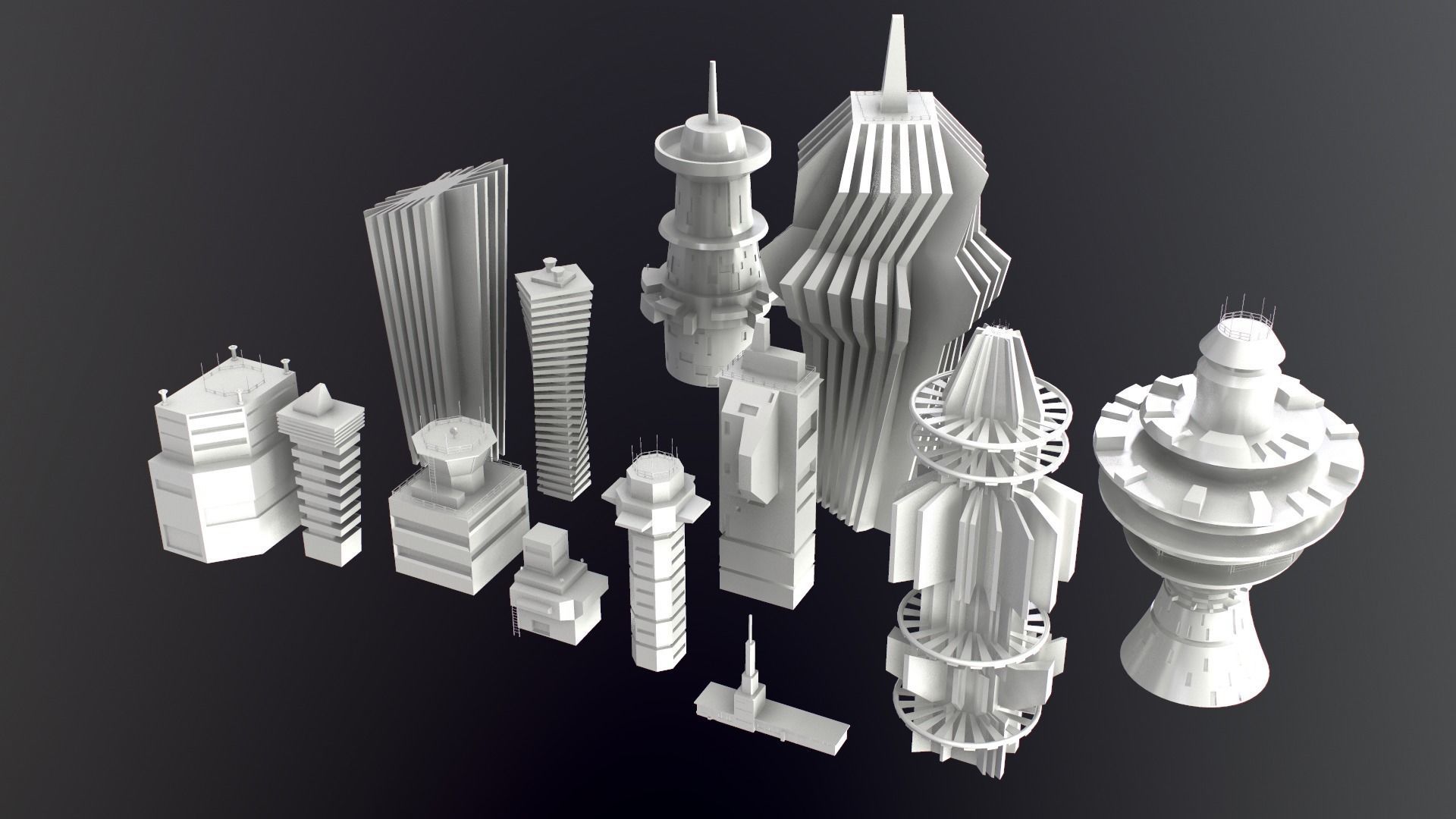 Sci-Fi Kitbash Low-poly 13 buildings Low-poly 3D model_6