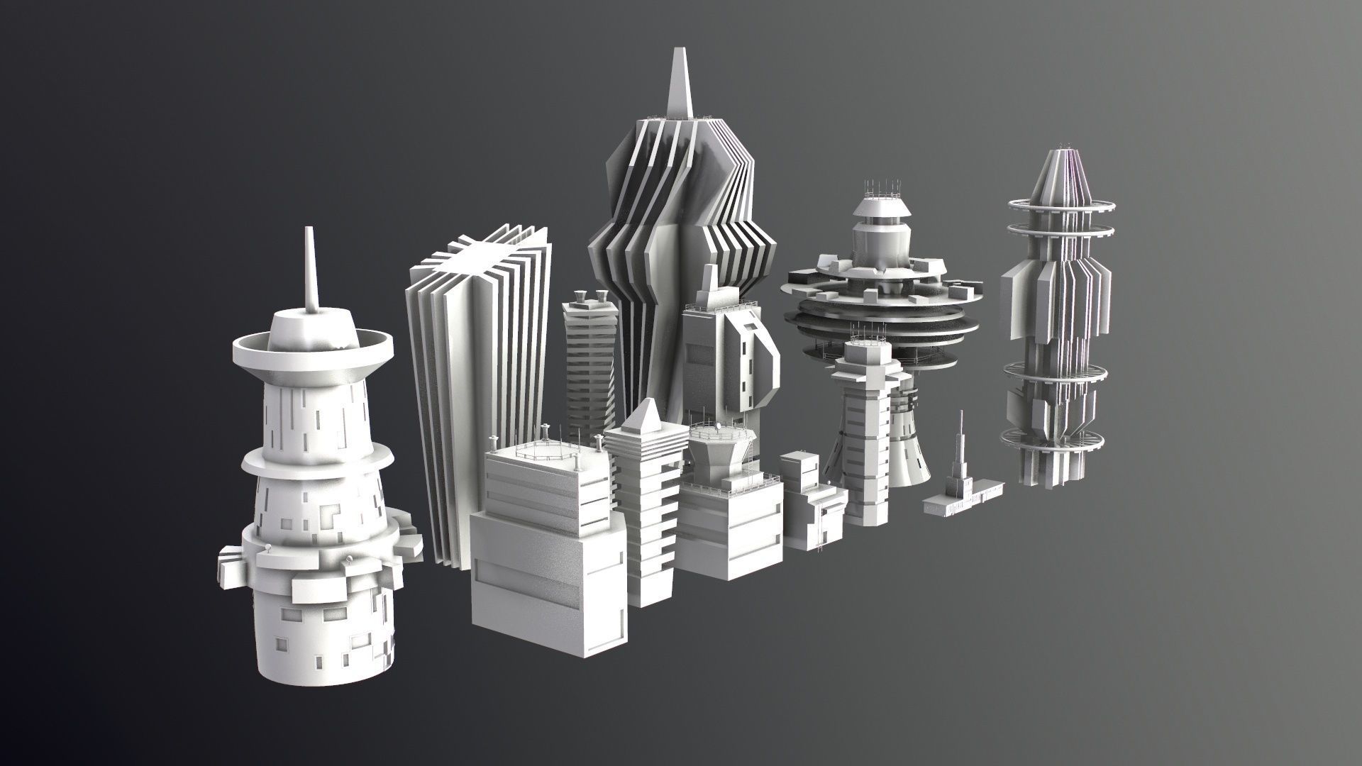 Sci-Fi Kitbash Low-poly 13 buildings Low-poly 3D model_39