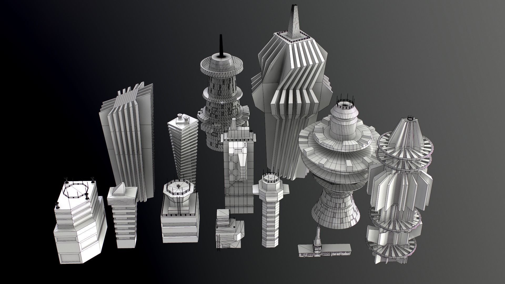 Sci-Fi Kitbash Low-poly 13 buildings Low-poly 3D model_7