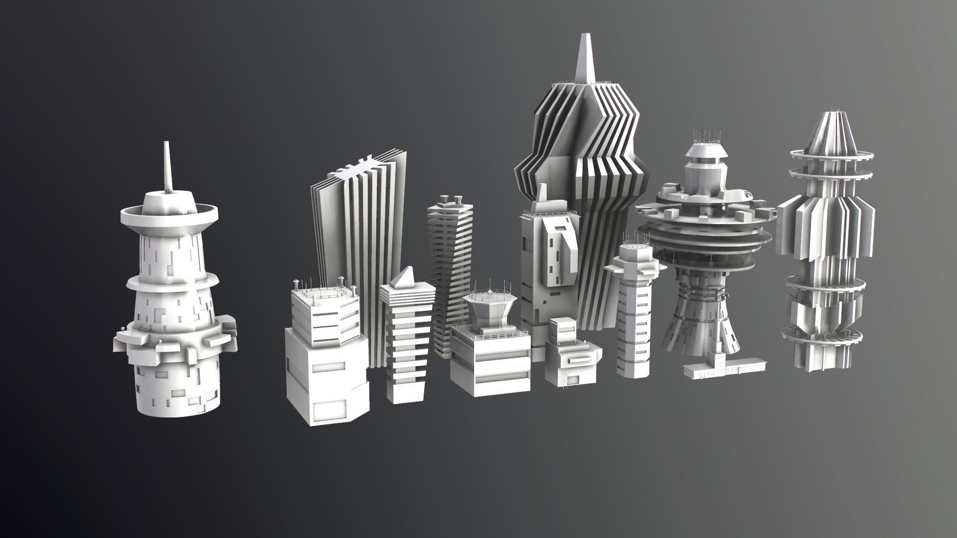 Sci-Fi Kitbash Low-poly 13 buildings Low-poly 3D model_32