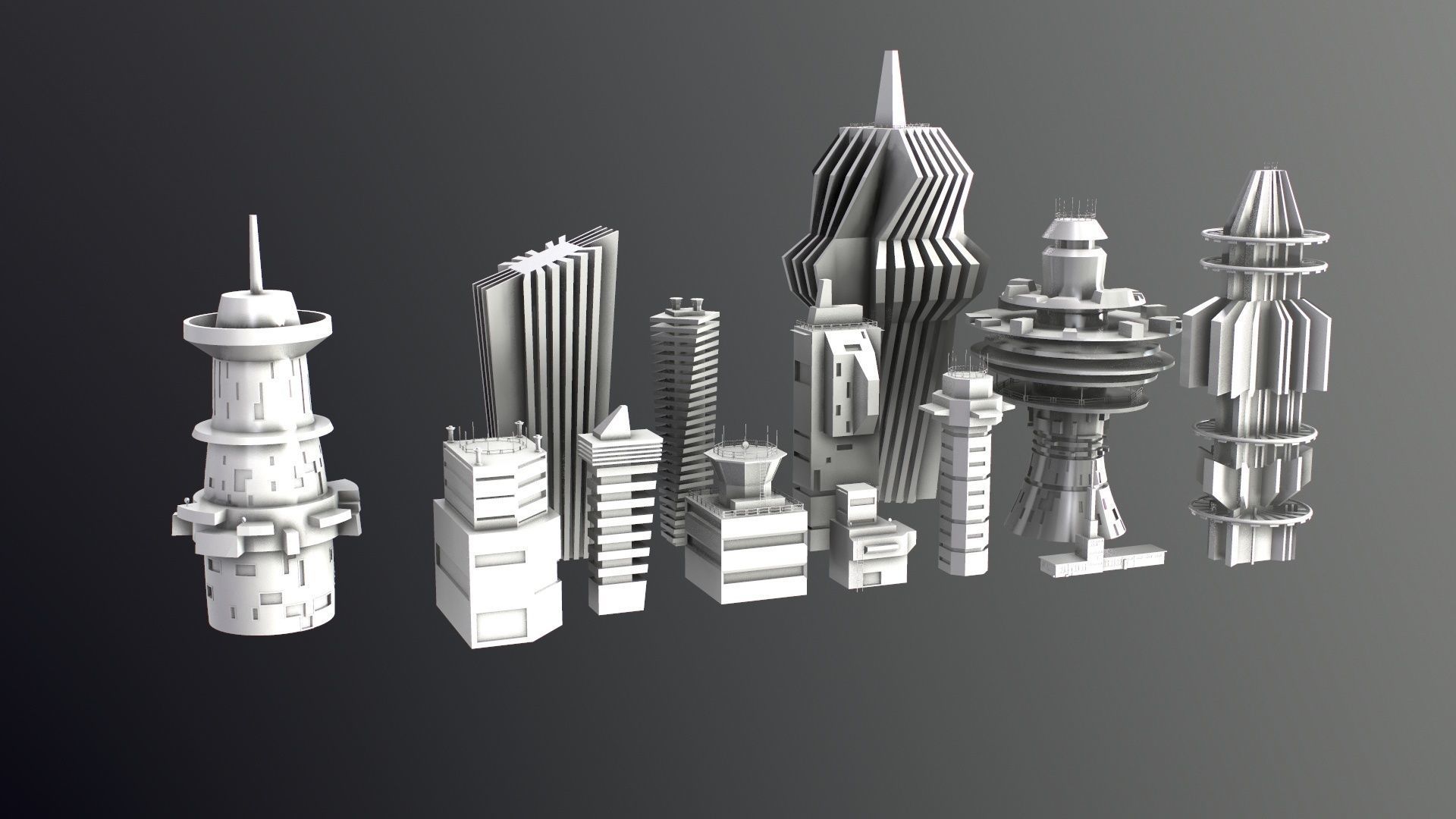 Sci-Fi Kitbash Low-poly 13 buildings Low-poly 3D model_25