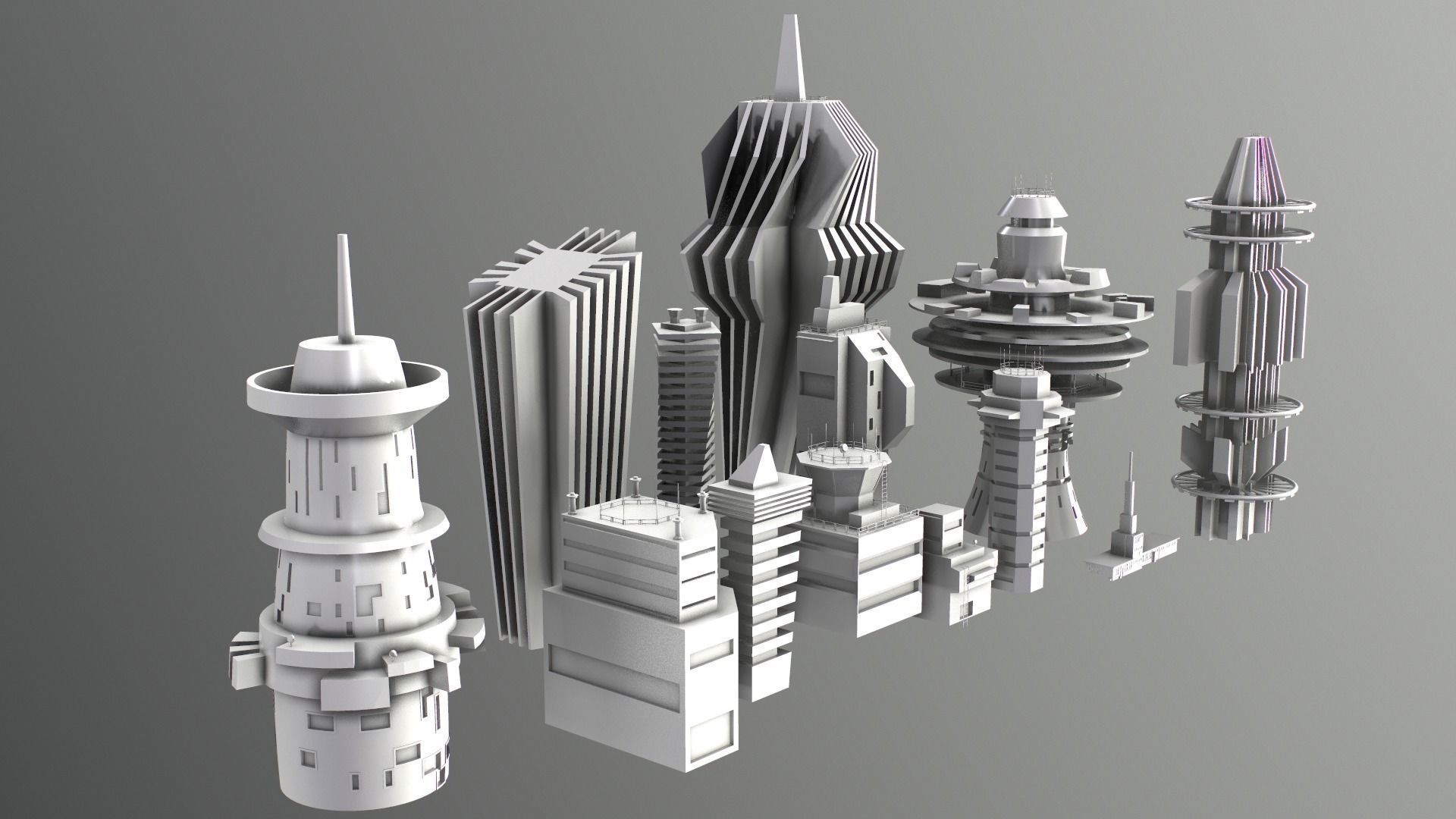 Sci-Fi Kitbash Low-poly 13 buildings Low-poly 3D model_14