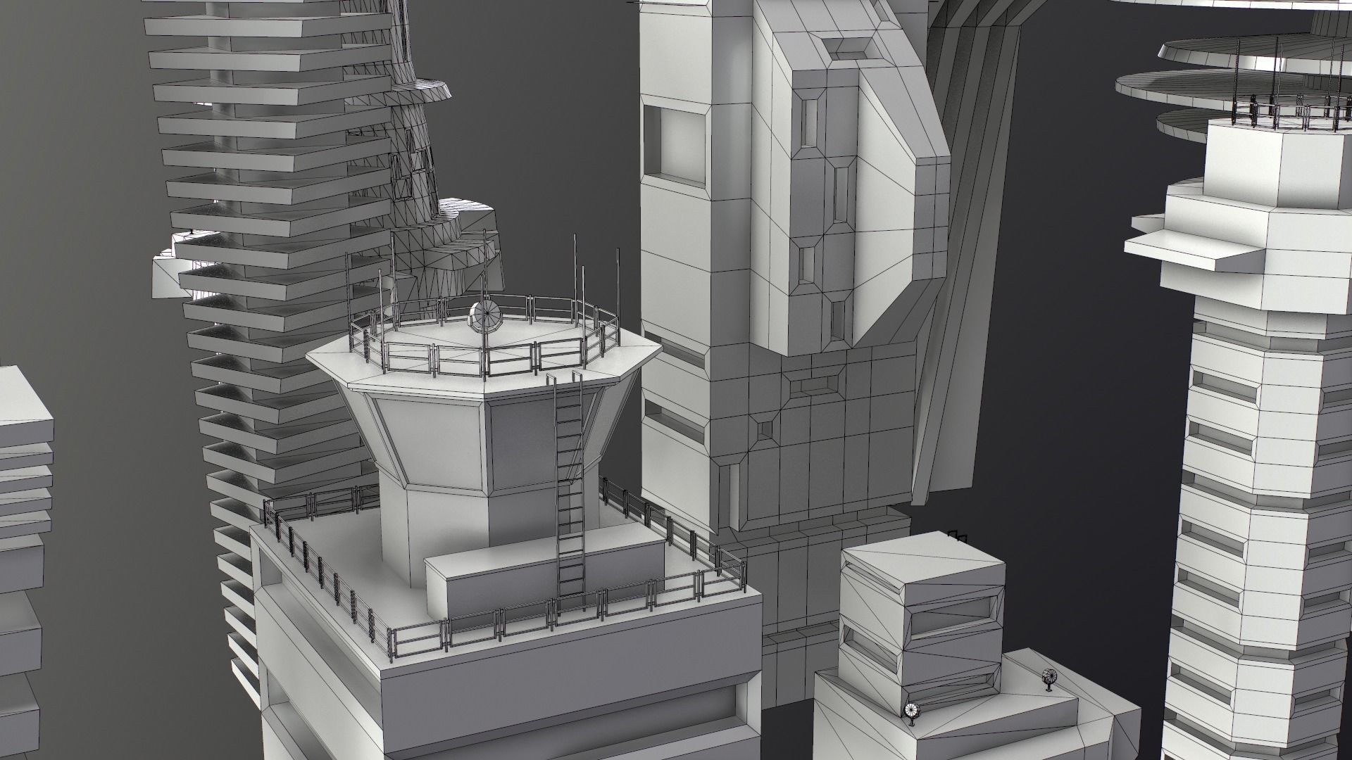 Sci-Fi Kitbash Low-poly 13 buildings Low-poly 3D model_9