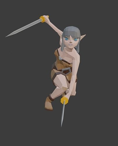 Dual-Sword Female Warrior Elf Low-poly 3D model