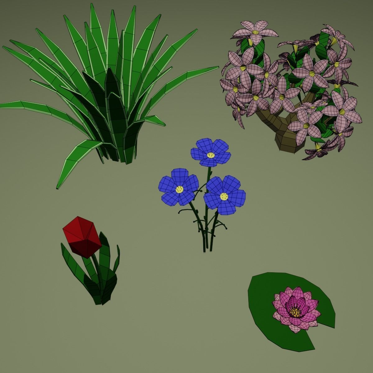 Low Poly Flowers different Low-poly 3D model_3