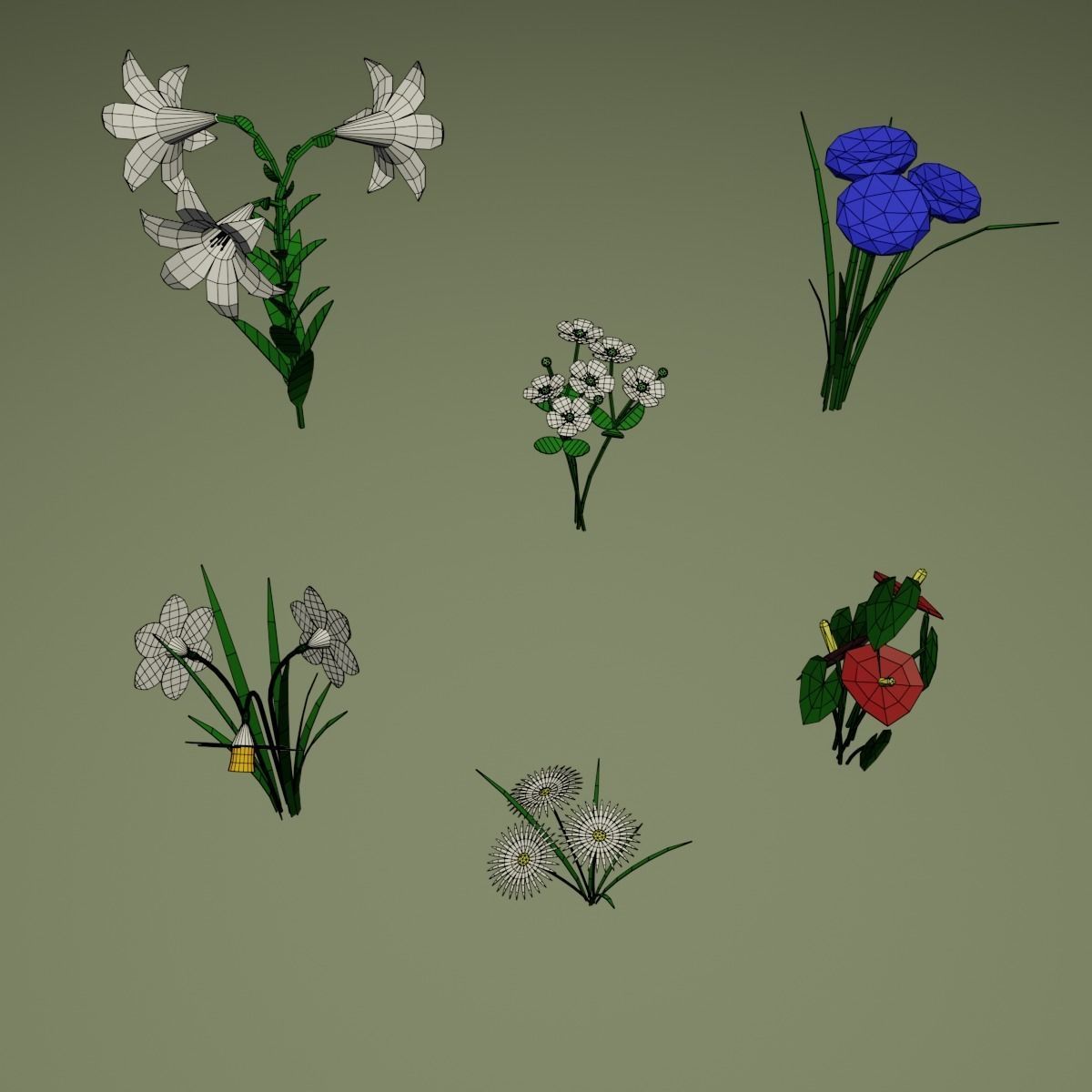 Low Poly Flowers different Low-poly 3D model_7