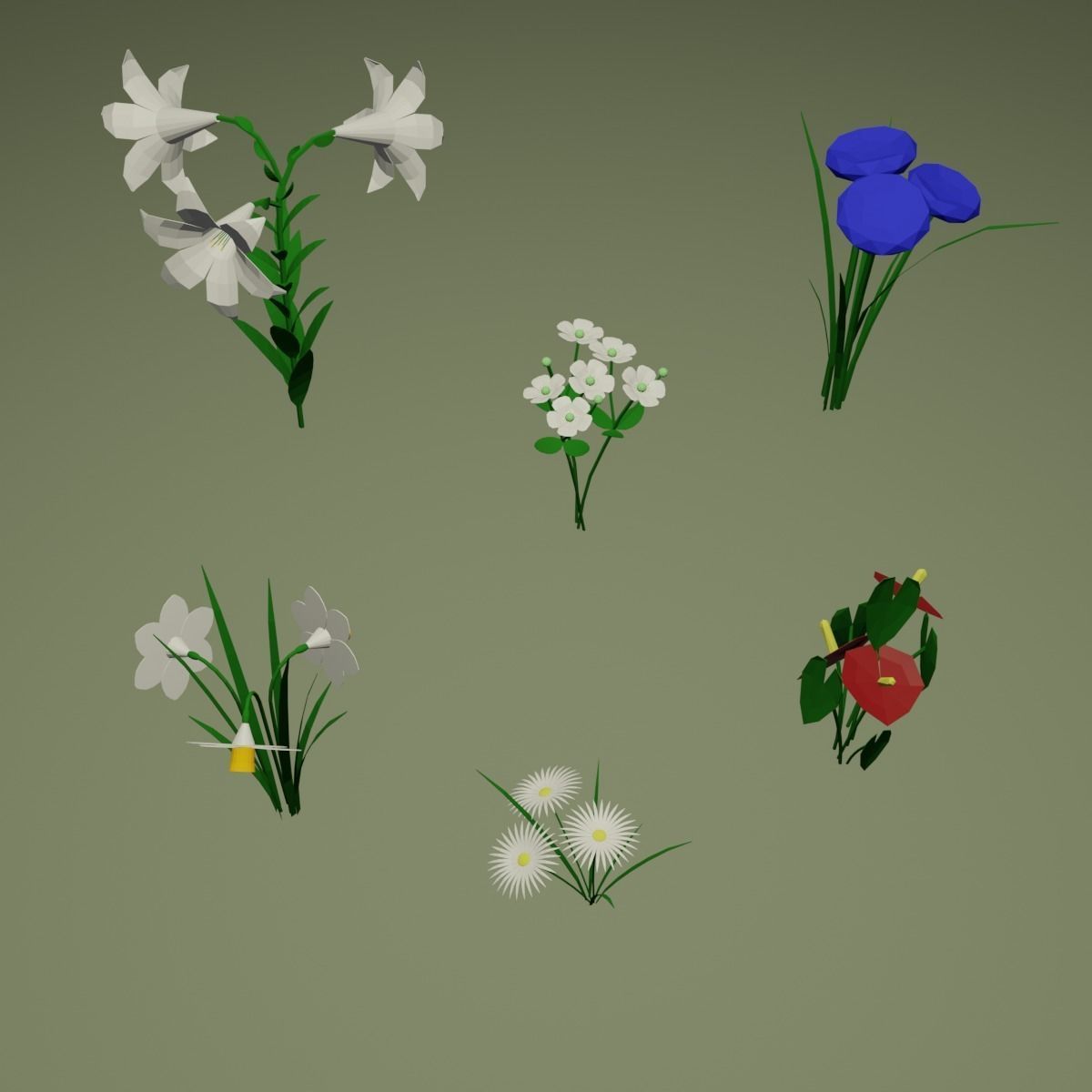 Low Poly Flowers different Low-poly 3D model_6