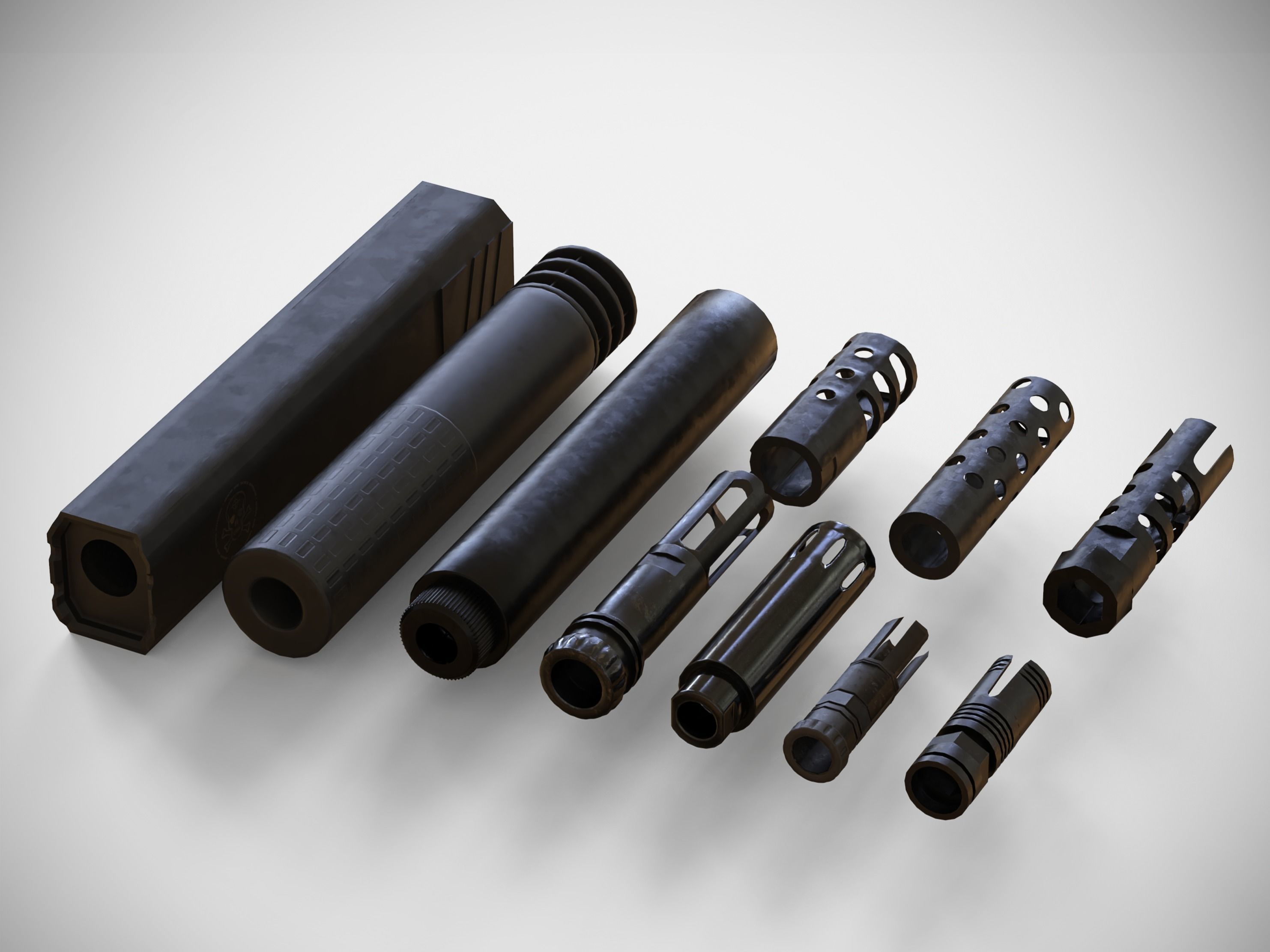 Barrel Attachments Pack - Flash - Muzzle - Suppressor - PBR Low-poly 3D model_1