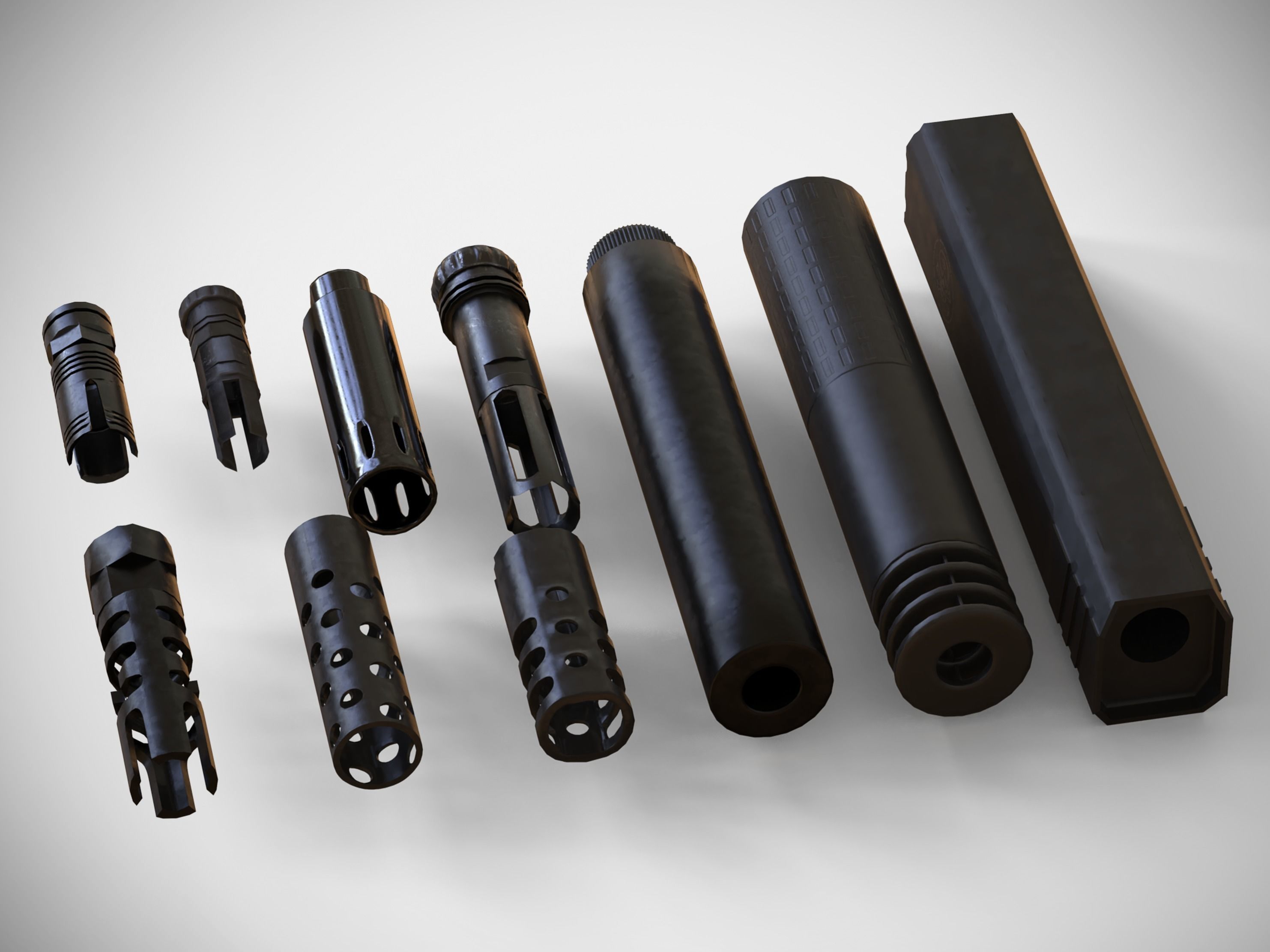 Barrel Attachments Pack - Flash - Muzzle - Suppressor - PBR Low-poly 3D model_2