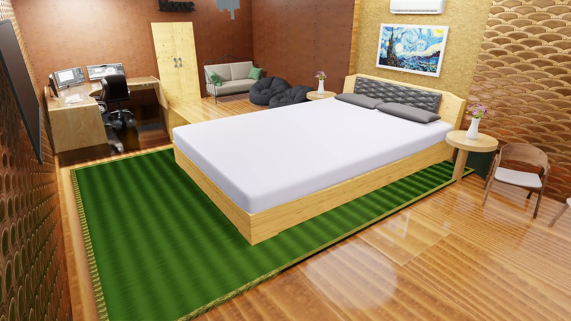 Bedroom room with bed and desk 3D model_0